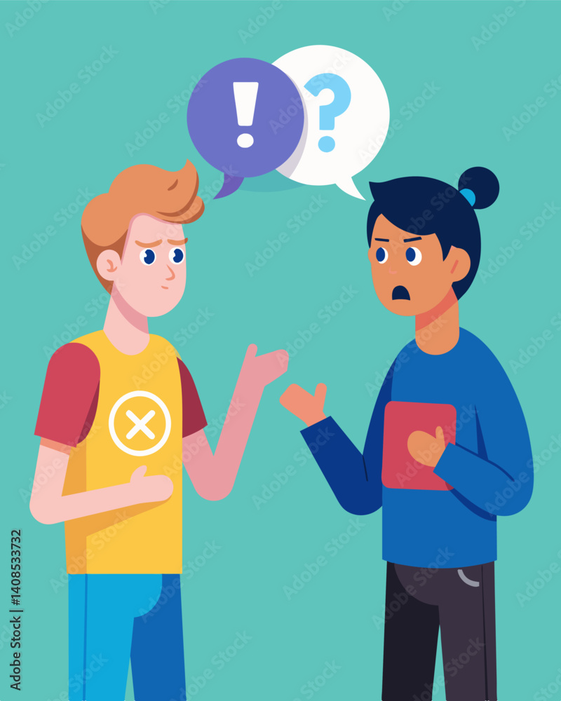 A heated debate between two teens one arguing for a different programming language while the other defends their choice both determined to find the best solution for their project.. Vector A heated debate between two teens one arguing for a different programming language while the other defends their choice both determined to find the best solution for their project.. Vector