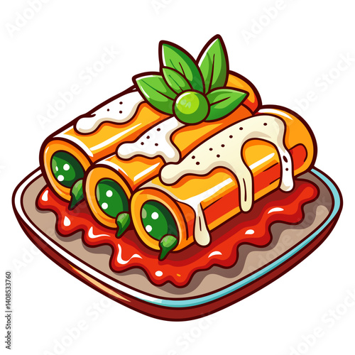 Cartoon Cannelloni Illustration with Sauce, Basil, on plate