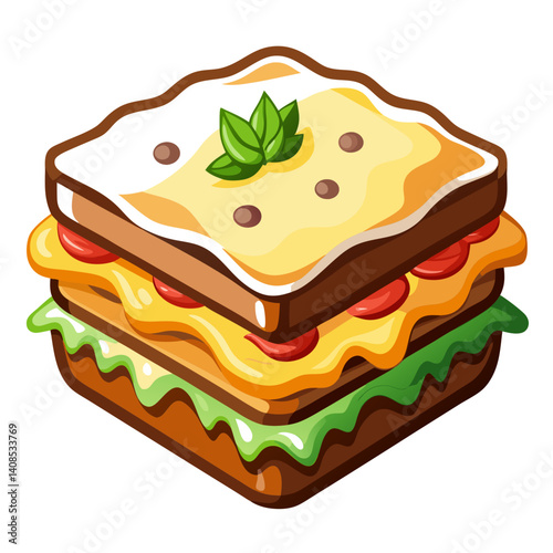 Isometric Sandwich Illustration with Fresh Greens and Tomatoes
