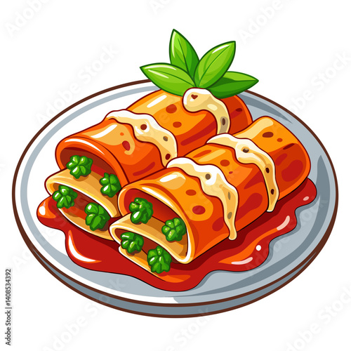 Delicious enchiladas with tomato sauce and basil garnish