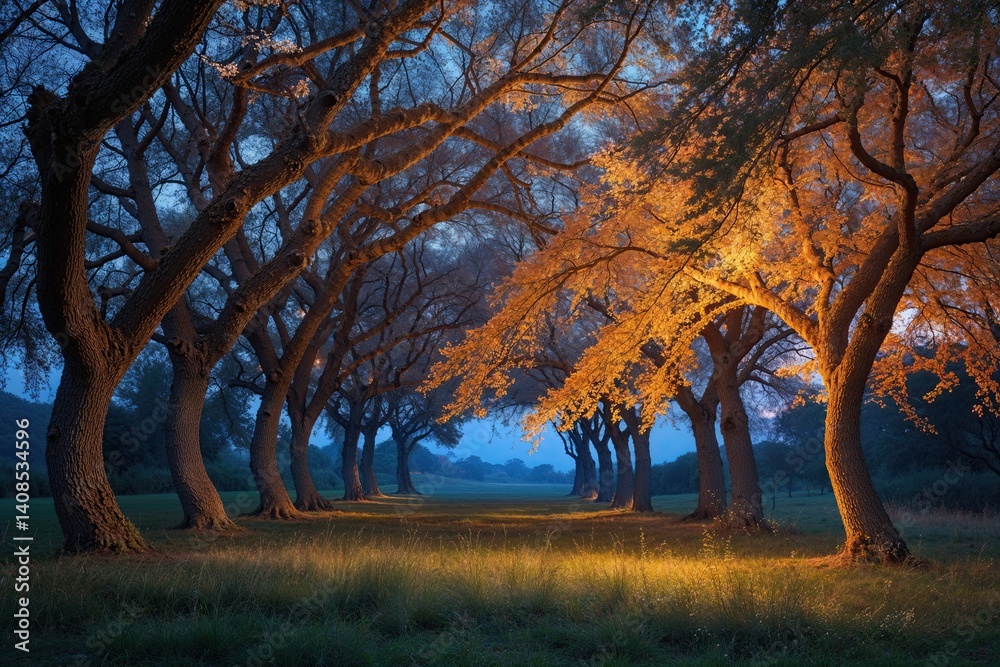 Royal Elm Boughs Stretching in Iridescent Evening Glow Amidst Nature's Graceful Ambiance Royal Elm Boughs Stretching in Iridescent Evening Glow Amidst Nature's Graceful Ambiance
