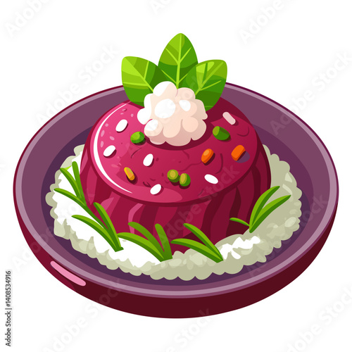 Vector illustration of stylized red cake on purple dish