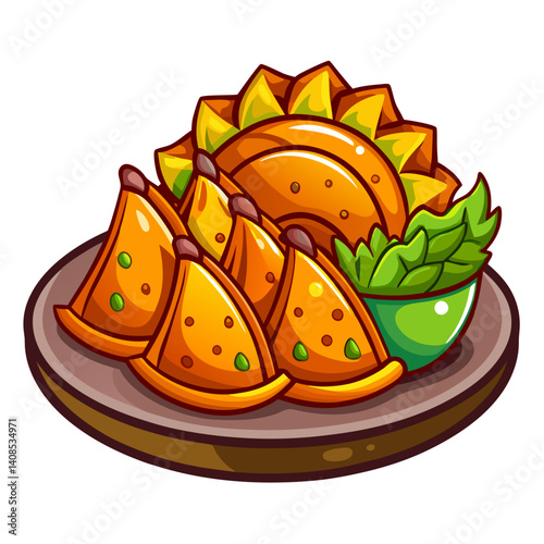 Delicious cartoon samosas and snacks plated with garnish
