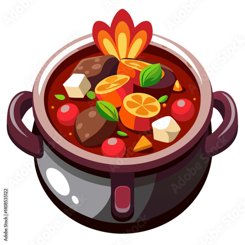 Cartoon Pot of Delicious Stew, Vegetables, and Spices