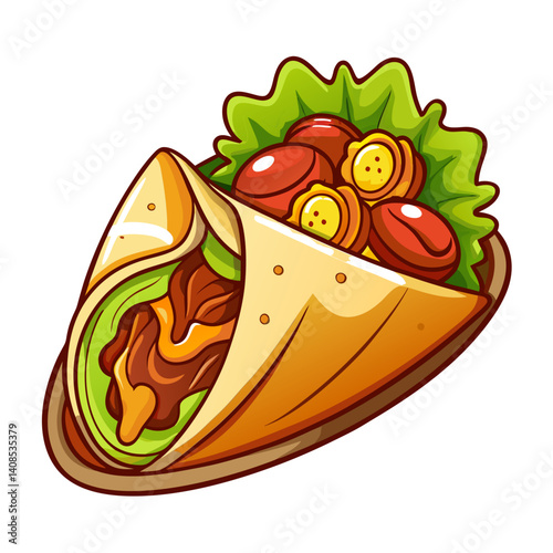 Cartoon Doner Wrap with Meat, Vegetables, and Salad