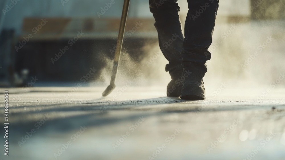 A construction worker cleaning the surface of a concrete slab. Featuring attention to detail A construction worker cleaning the surface of a concrete slab. Featuring attention to detail