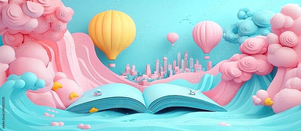 Whimsical city scene, revealed by an open book. Whimsical city scene, revealed by an open book.