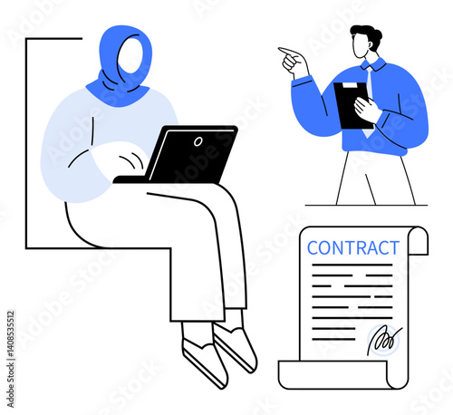 Woman with laptop working remotely, man discussing workspace strategy, and a signed contract document. Ideal for teamwork, remote work, business communication, contract management, digital workflows