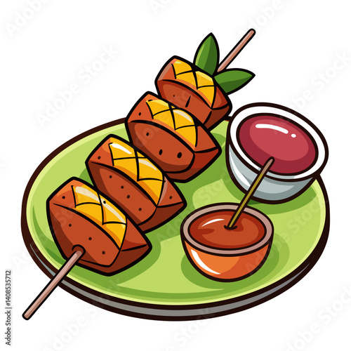 Grilled Meat Skewers with Dipping Sauces Illustration Design