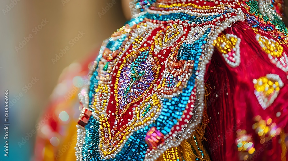 Obraz premium Colorful Beaded Embroidery on Traditional Textile Garment Detail
