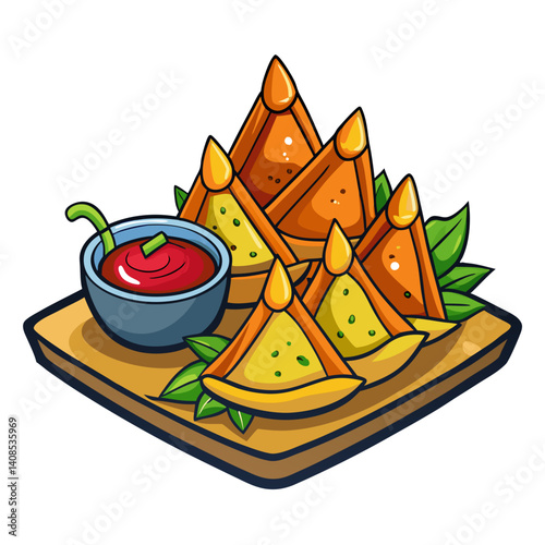 Delicious Cartoon Empanadas with Sauce on Wooden Board