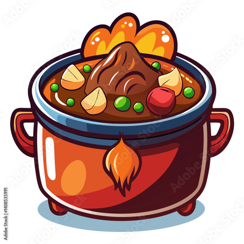 Cartoon stew pot with meat, potatoes, and peas