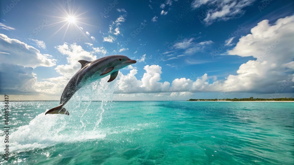 Fototapeta premium Majestic Dolphin Leaping in Crystal-Clear Turquoise Waters