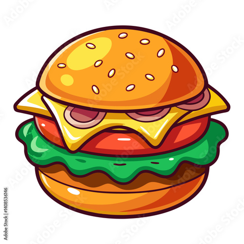 Delicious Cartoon Hamburger Illustration with Cheese and Lettuce