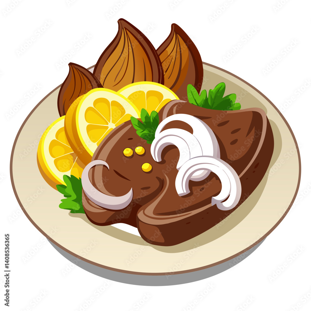 Fototapeta premium Delicious steak with onions, lemon and sauteed mushrooms