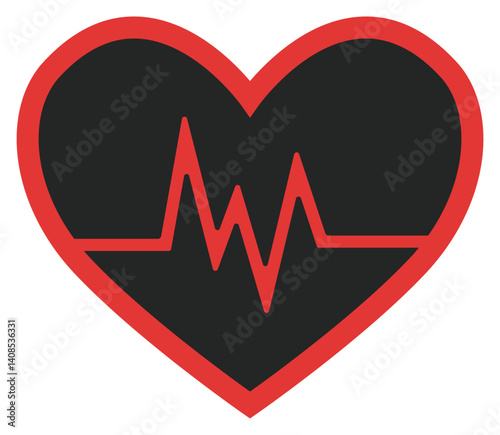 Black heart cardio with red line pulse icon isolated on white background.
