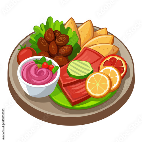 Colorful and healthy appetizer platter with hummus and snacks