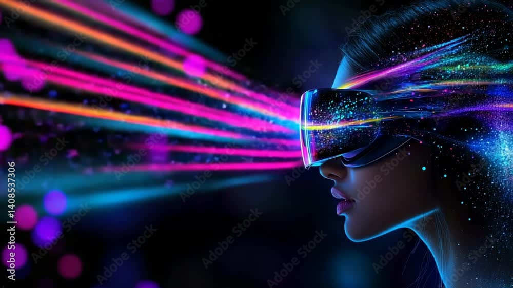 Woman experiencing augmented reality with VR headset and bright light projections