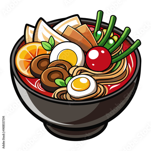 Delicious ramen bowl illustration with a lot of toppings