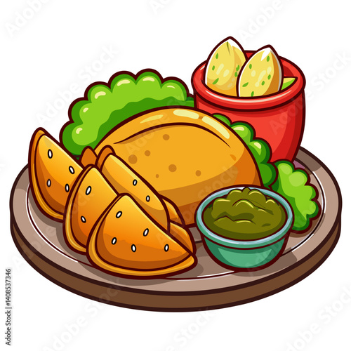 Cartoon Tandoori Chicken Dish with Sides Illustration