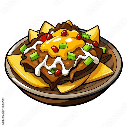 Loaded Nachos Cartoon Illustration with Cheese and Toppings