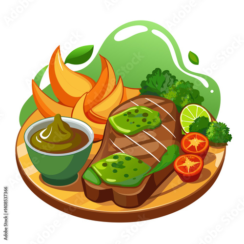 Grilled steak meal with potato wedges illustration design