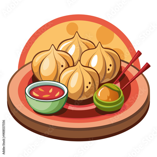 Delicious Asian Dumplings with Sauces and Chopsticks Illustration