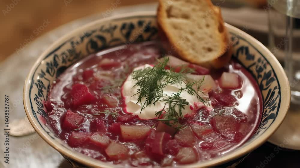 Crimson beetroot soup garnished with delicate dill, resting on weathered wooden surface, complemented by tangy sour cream and golden toasted bread slice, evoking traditional Ukrainian warmth