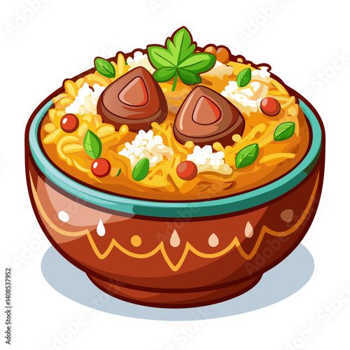 Delicious cartoon biryani bowl with meat and herbs