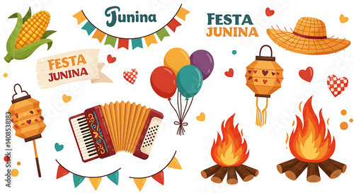 Stylized collection of Festa Junina icons on white background: corn, accordion, bonfire, straw hat, balloons, paper lanterns, and checkered hearts