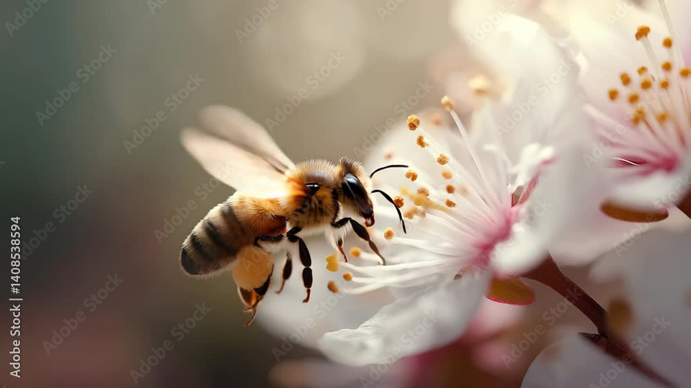 Macro shot of a bee flying towards a delicate white flower, capturing the beauty of pollination and the essential role of bees in nature and biodiversity

