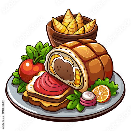 Delicious cartoon meatloaf dinner plate with potato wedges