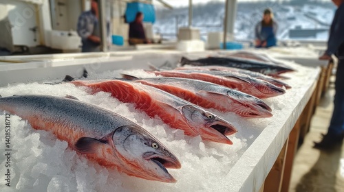 Freshly caught salmons resting on ice in greenland's fish market