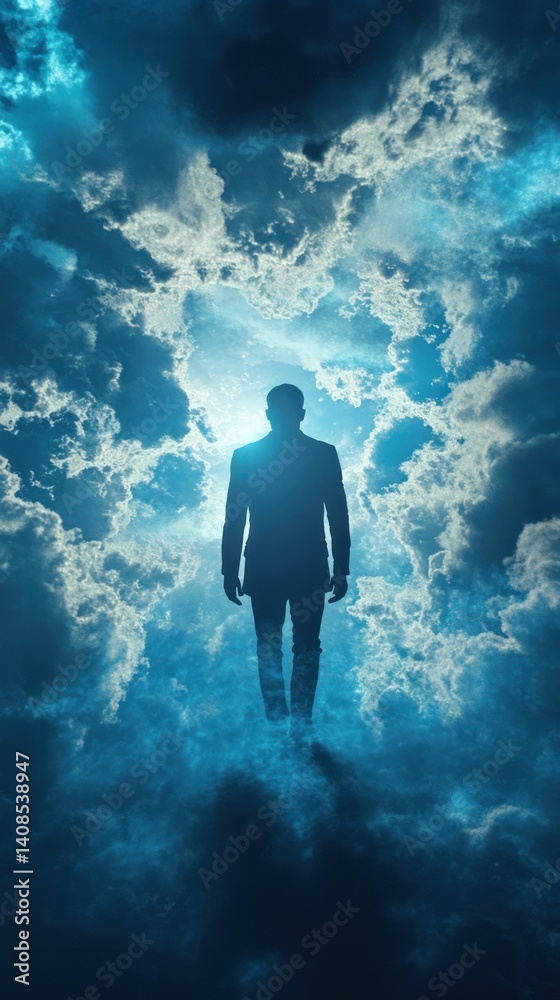 A human figure floating amidst a dramatic sky of clouds A human figure floating amidst a dramatic sky of clouds