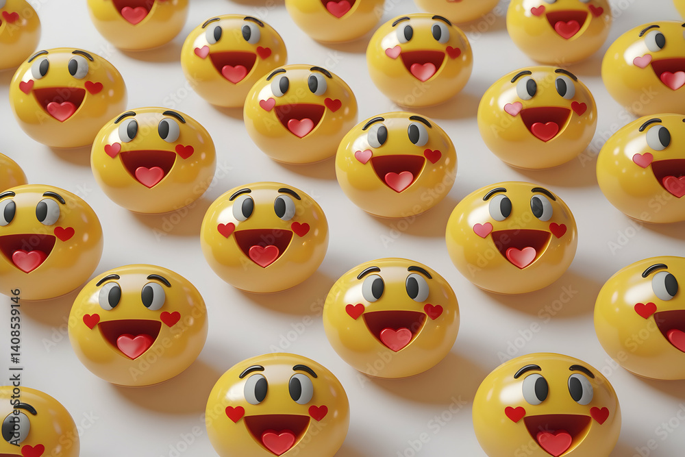 Obraz premium Set of 3D heart eyes emojis with various facial expressions, including love, heartbreak, kiss, wink, and excitement, realistic emoticon collection, glossy yellow faces with red hearts, high-resolution