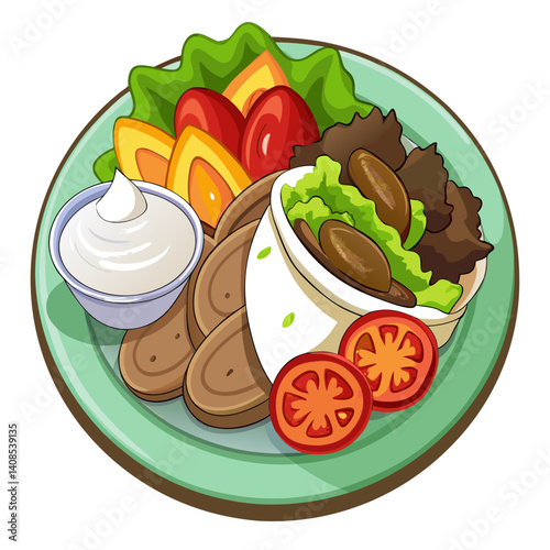 Cartoon Kebab Plate: Meat, Tomatoes, Lettuce, and Sauce