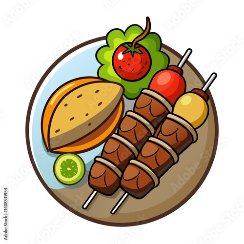 Cartoon Grilled Meat Skewers with Salad and Flatbread