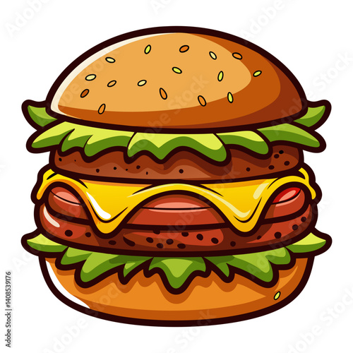 Cartoon double cheeseburger with lettuce, an American classic