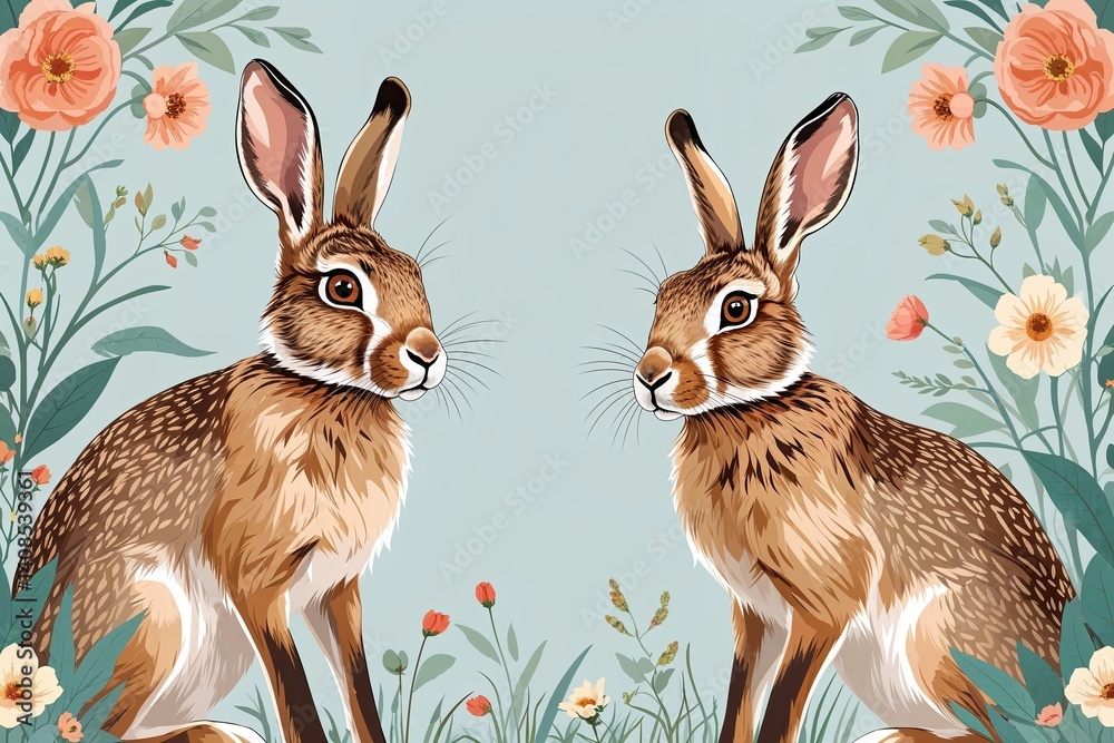 Fototapeta premium Charming Hare Illustrations in Soft Colors with Ample Planning Space