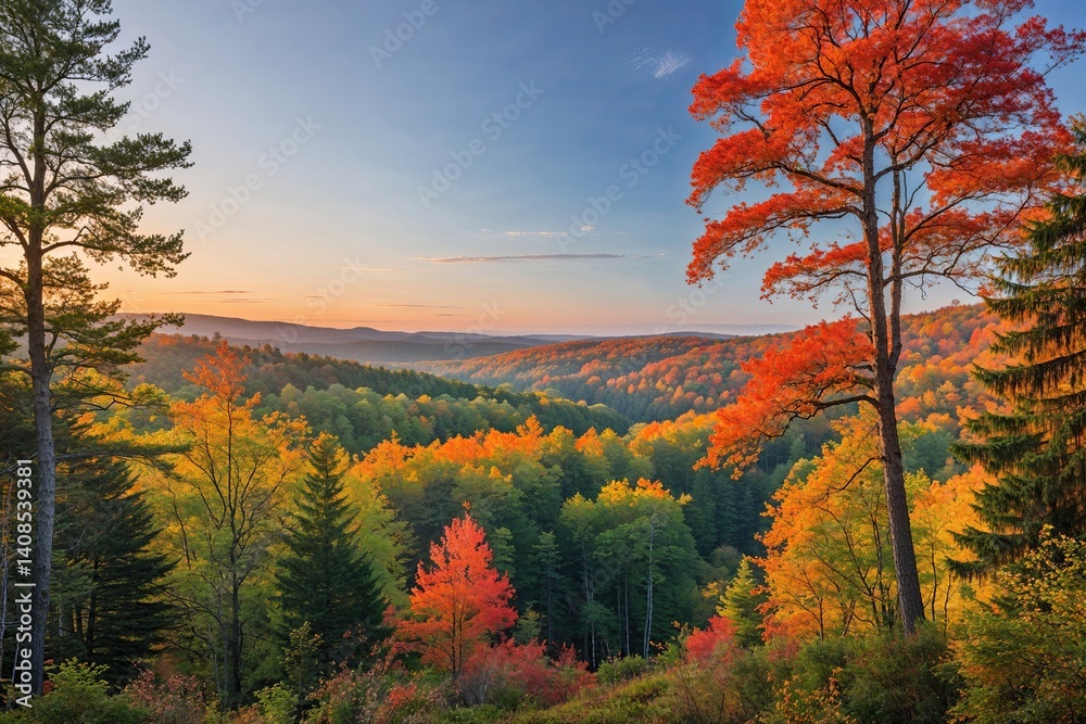 Fototapeta premium Stunning Morning in the Timberlands with Lush Tree Cover and Vibrant Colors Under Clear Blue Skies
