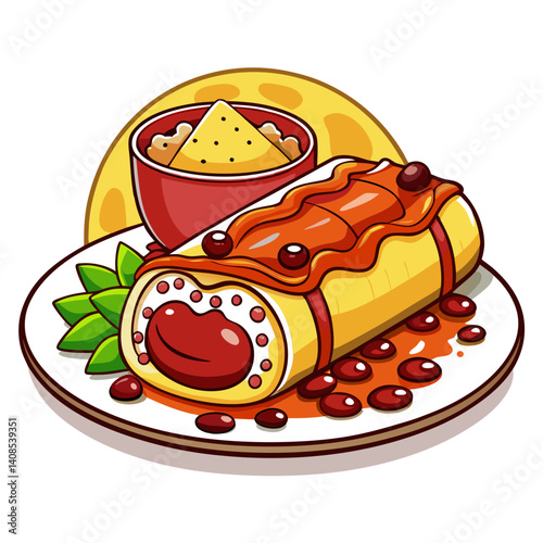Cartoon enchilada with sauce and chips illustration