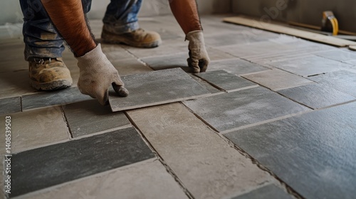 Hispanic mason installing stone tiles on a floor. Featuring masonry and flooring © keshia
