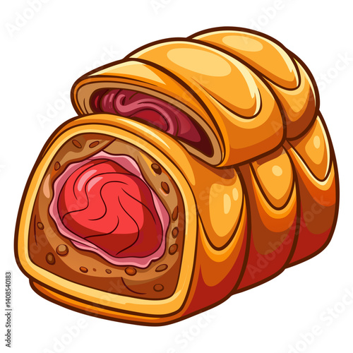Illustration of a delicious sliced meatloaf with pastry