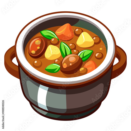 Cartoon stew pot with vegetables and aromatic herbs