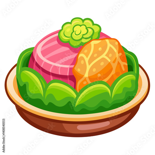 Delicious stylized sushi and sashimi in brown bowl