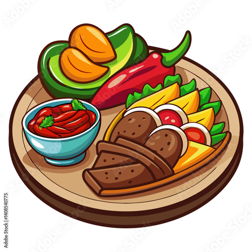 Delicious cartoon carne asada plate with avocado, pepper