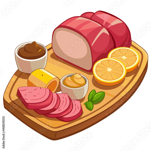 Ham platter on wooden board with sauces and orange