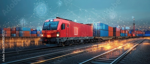 Digital freight train transporting cargo containers.