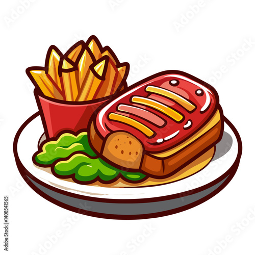 Cartoon Grilled Steak, Fries, and Salad on Plate