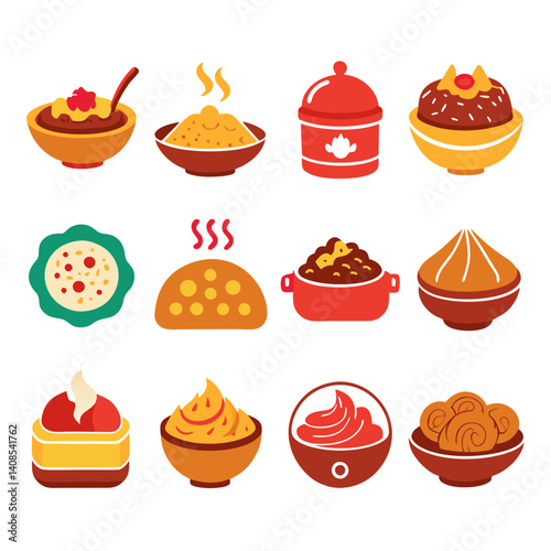 Indian Cuisine Food Flat Style Illustrations Set Design